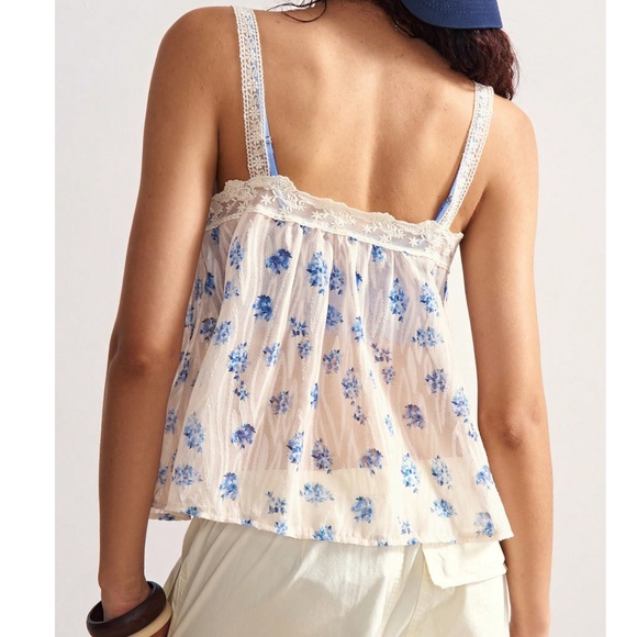 Boho Floral Print Lace Semi Sheer Button Down Cami Tank Top - Picture 4 of 5